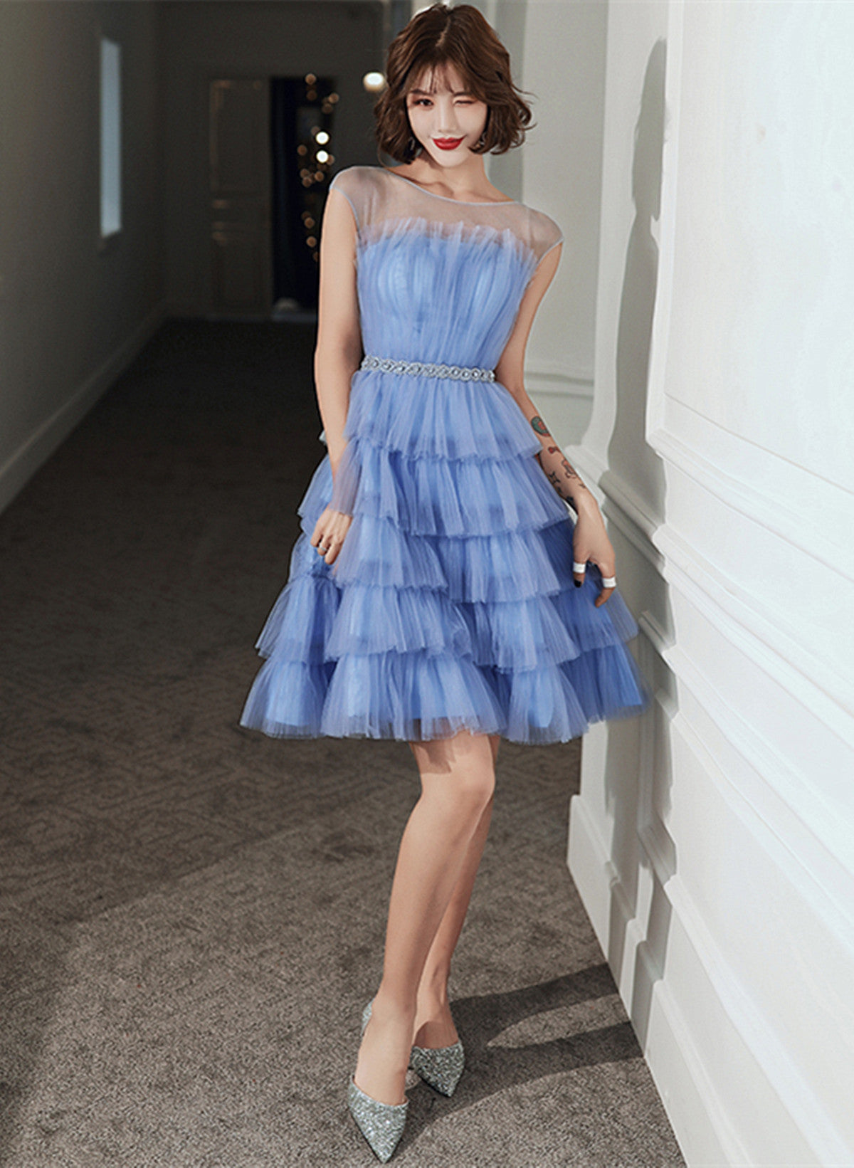 Blue Tulle Round Neckline Short Party Dress, Blue Tulle Homecoming Dre Cutedressy Blue Tulle Round Neckline Short Party Dress, Blue Tulle Homecoming Dre Cutedressy
