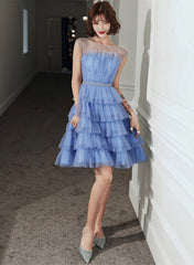 Blue Tulle Round Neckline Short Party Dress, Blue Tulle Homecoming Dress