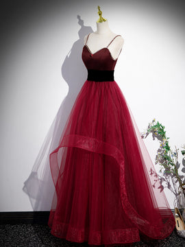 Wine Red Straps Beaded Sweetheart Tulle Formal Dress, Wine Red A-line Prom Dress