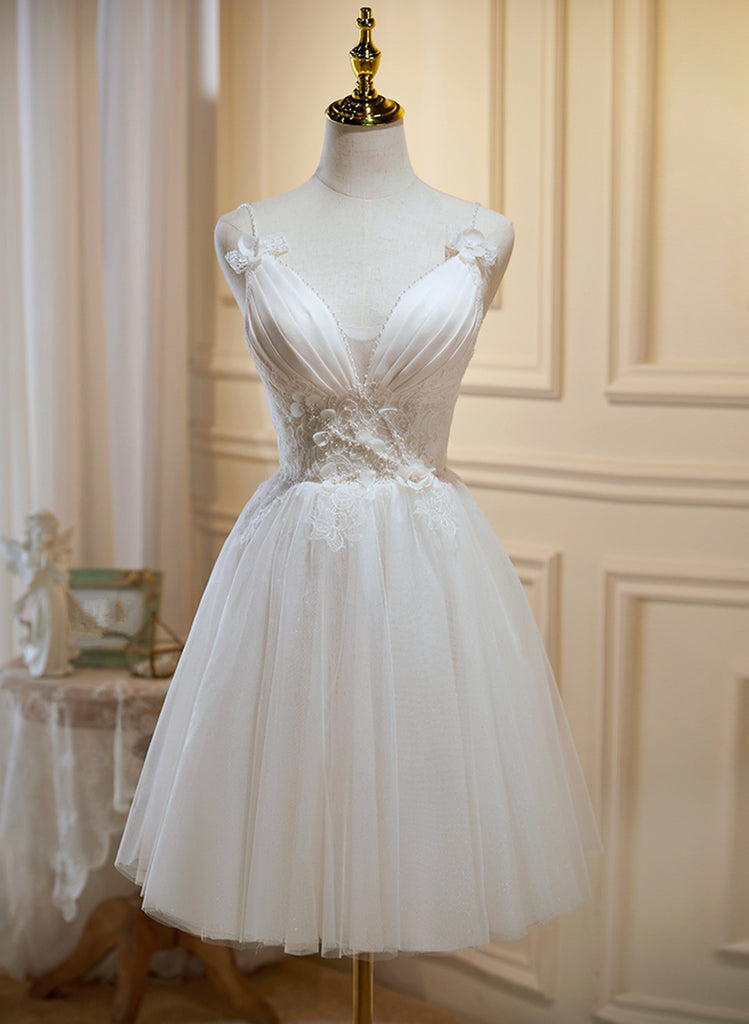 Cute Ivory Tulle V-neckline Short Party Dress, A-line Graduation Dress