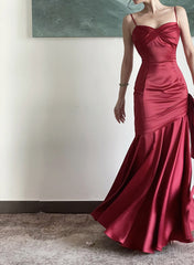 Burgundy Satin Sweetheart Straps Prom Dress, Burgundy Long Evening Dress
