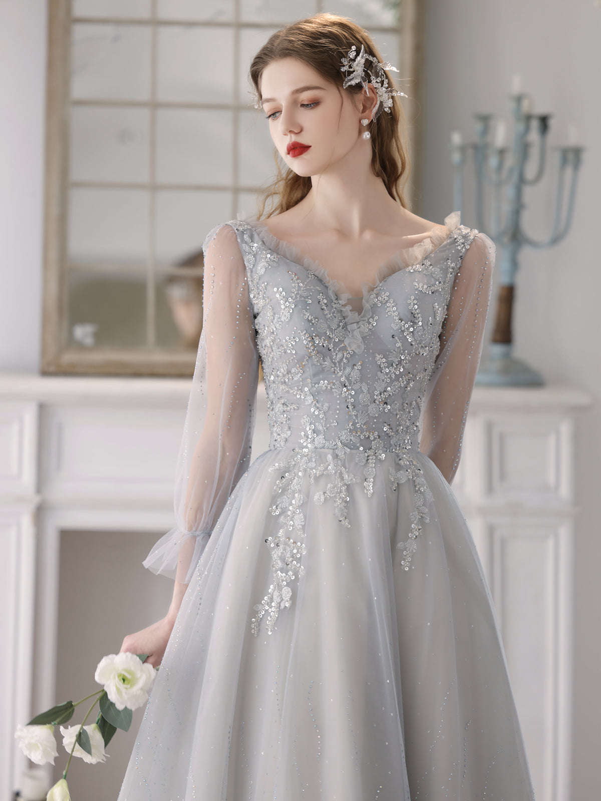 Prom Dress Pale Grey Wedding Dress Light Grey Tulle V-neckline