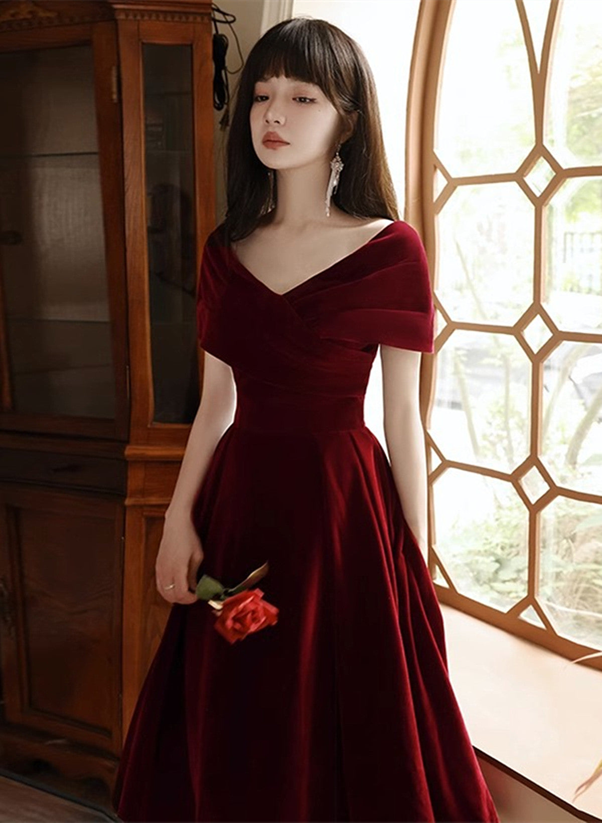 Wine Red Velvet Chic Tea Length, Wine Red Off Shoulder Wedding Party Dress