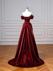 Wine Red Sweetheart Floor Length Party Dress, Off Shoulder Wine Red Satin Prom Dress