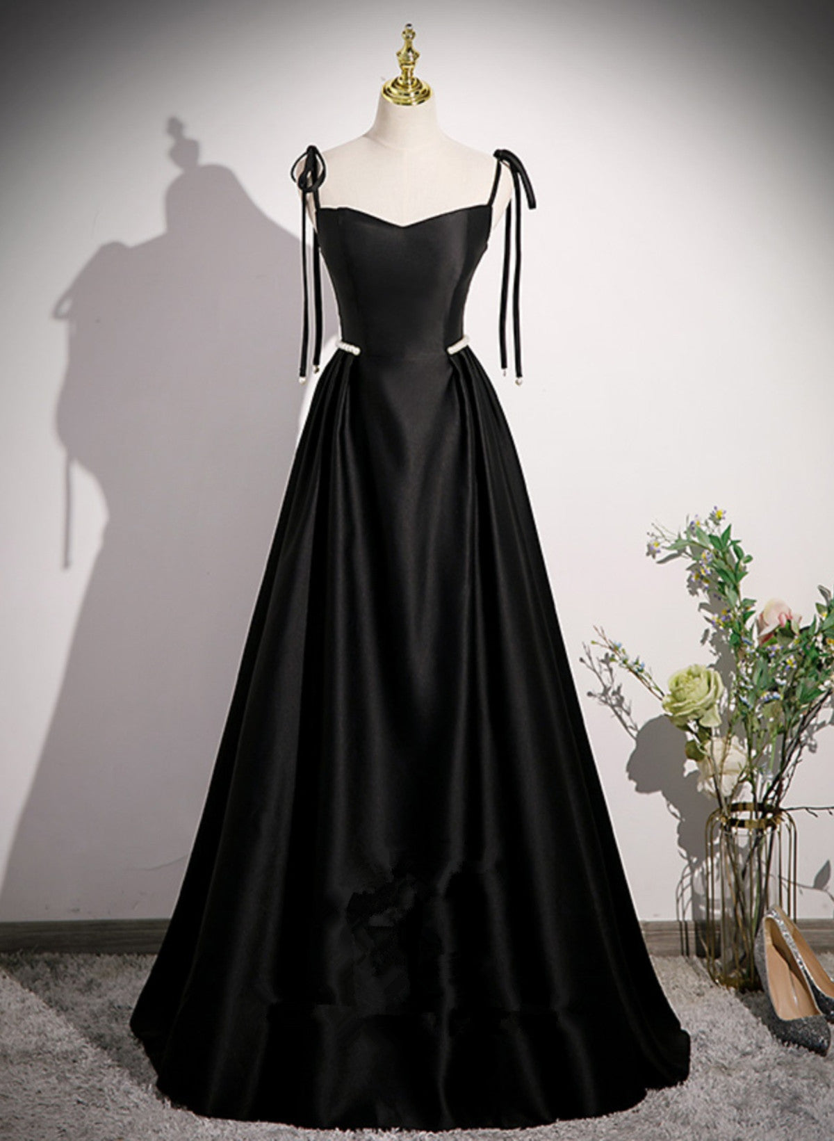 Black Satin A-line Floor Length Prom Dress, Black Satin Long Evening Dress