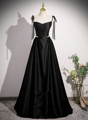 Black Satin A-line Floor Length Prom Dress, Black Satin Long Evening Dress