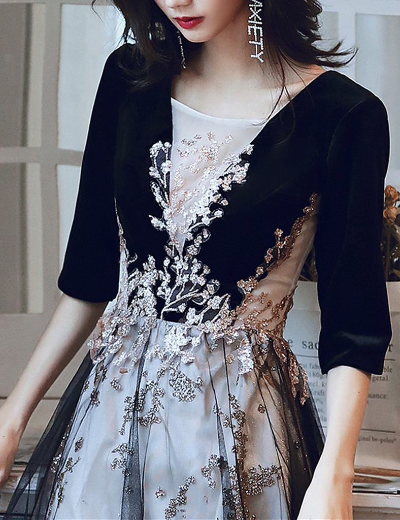 Black A-Line Velvet Long Prom Dress Formal Party Dress main image 0
