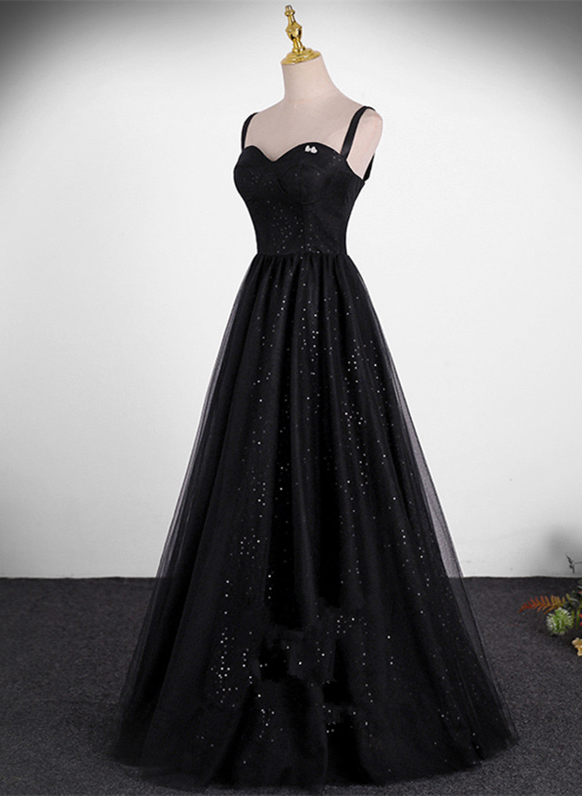 Black A-line Tulle Straps Floor Length Party Dress, Black Tulle Prom Dress