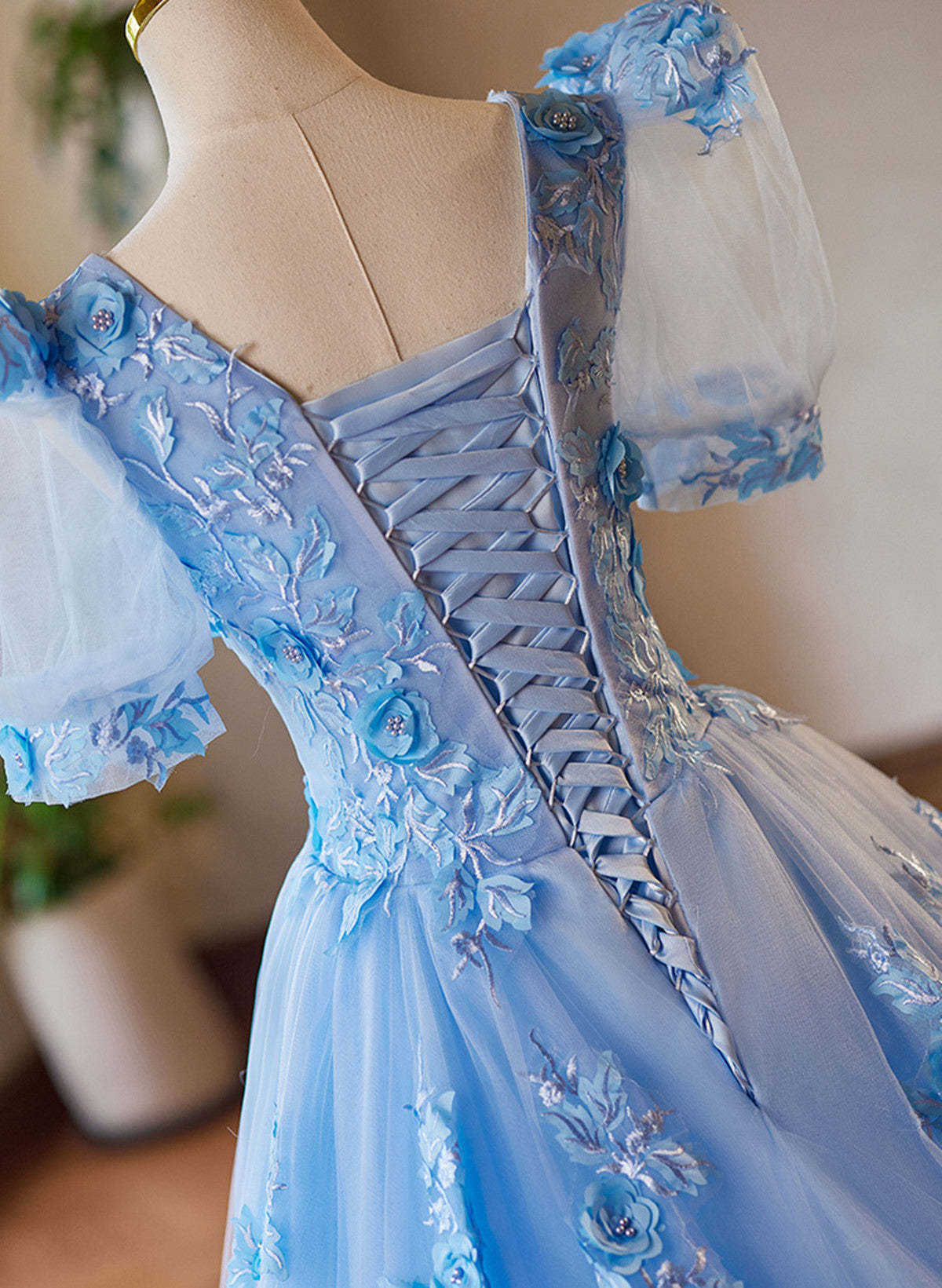 Cinderella Blue Dress Short A-line Light Blue Tulle with Lace Short Sleeves Prom Dress, Tulle Cinderella Blue Dress Short A-line Light Blue Tulle with Lace Short Sleeves Prom Dress, Tulle