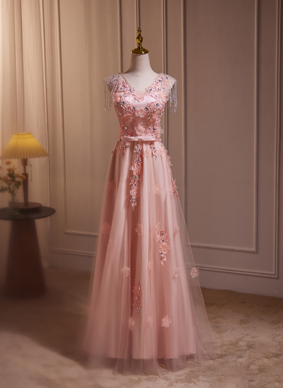 Pink V-neckline Tulle with Lace Applique Prom Dress, Pink Tulle Evening Dress