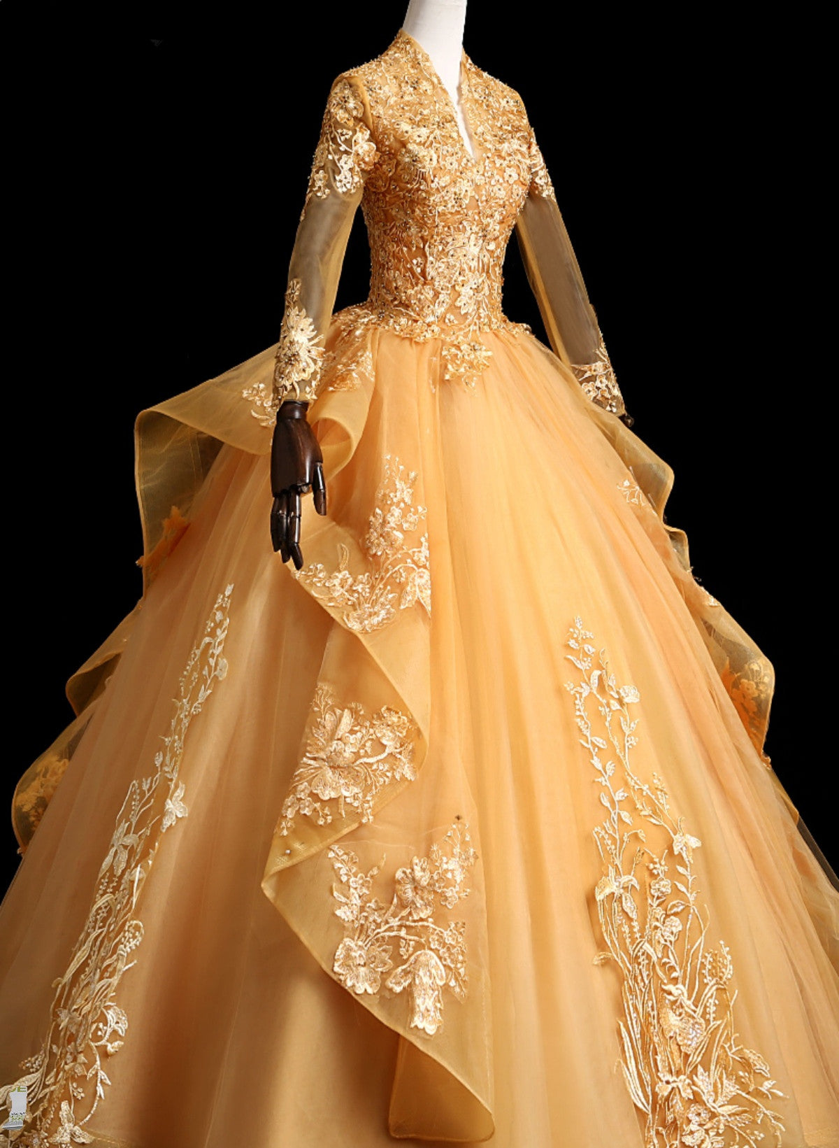 Gold Tulle Long Sleeves Lace Applique Formal Dress, Ball Gown Sweet 16 Dress