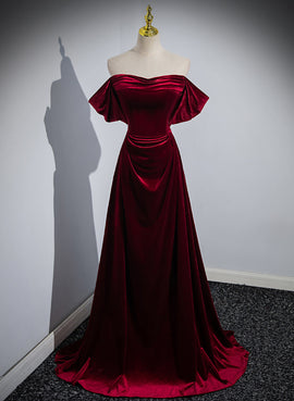 Wine Red Velvet Off Shoulder A-line Long Party Dress, Wine Red Floor Length Prom Dress