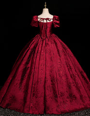 Wine Red Short Sleeves Floral Satin Scoop Party Dress, Wine Red Satin Evening Dress