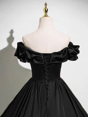 A-line Satin Beaded Off Shoulder Long Prom Dress, Black Sweetheart Floor Length Party Dress