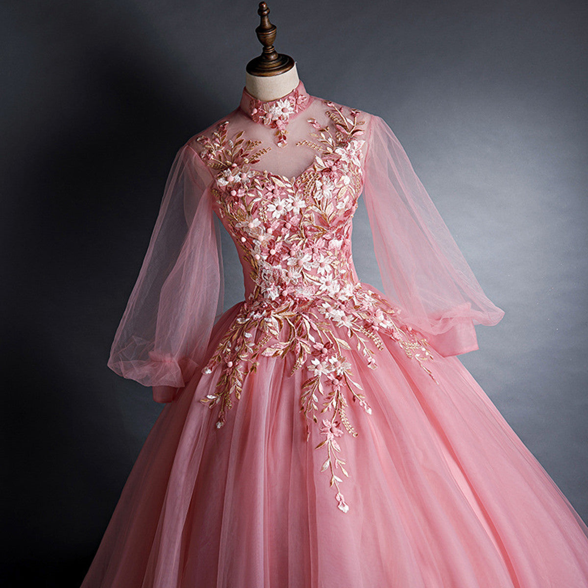 Pink High Neckline Floral Lace Puffy Sleeves Sweet 16 Dress, Pink Tull Cutedressy Pink High Neckline Floral Lace Puffy Sleeves Sweet 16 Dress, Pink Tull Cutedressy