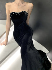 Black Sweetheart Strapless Long Formal Dress Evening Dress, Black Velvet Prom Dress