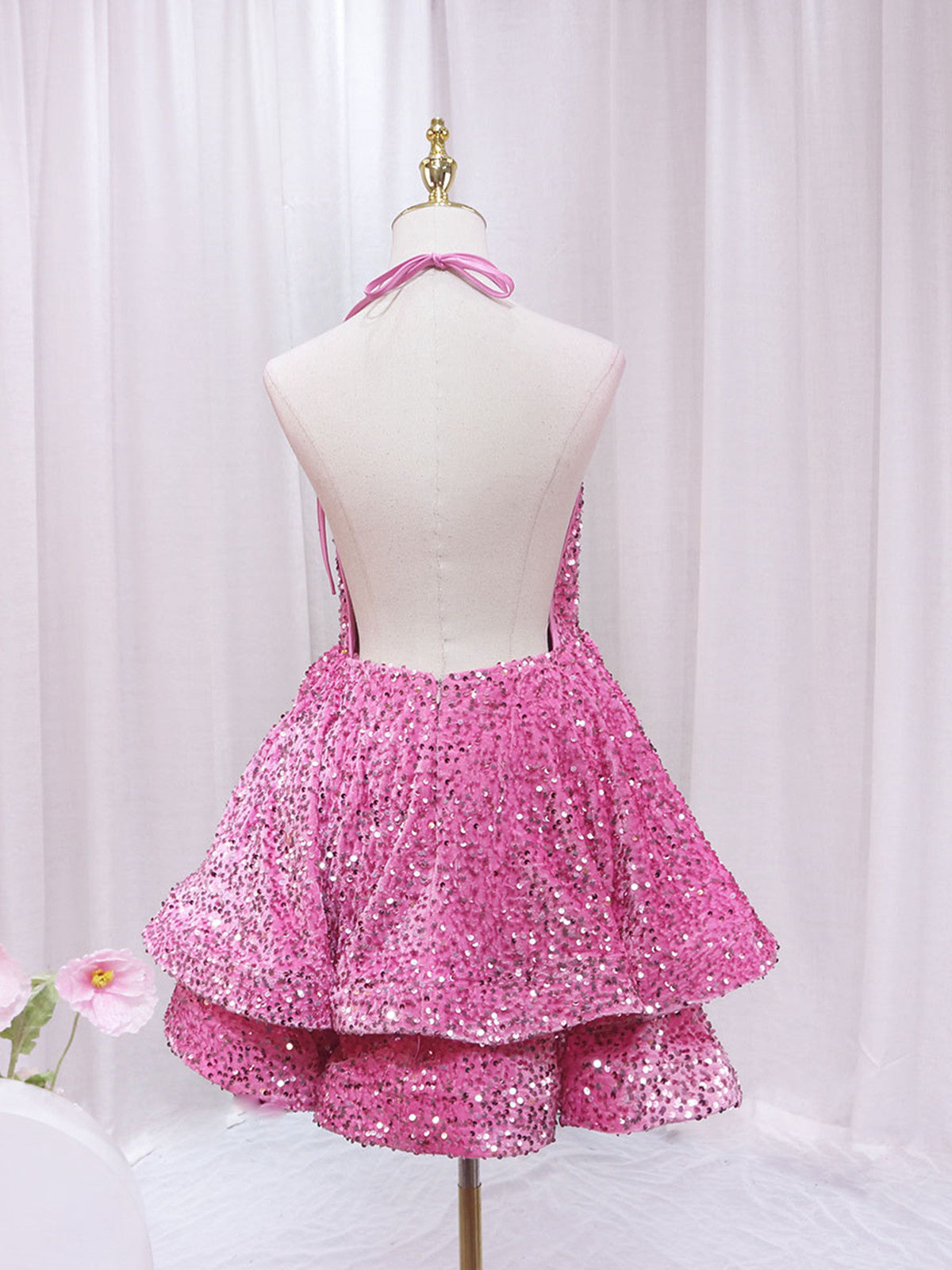 Pink Sequins Halter Backless Short Homecoming Dress, Pink Short Prom D Cutedressy Pink Sequins Halter Backless Short Homecoming Dress, Pink Short Prom D Cutedressy