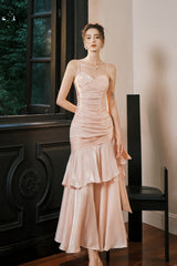 Pink Sweetheart Straps Mermaid Evening Dress, Pink Satin Long Prom Dress