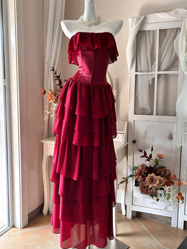 Wine Red Chiffon Layers Strapless Long Party Dress, A-line Wine Red Chiffon Prom Dress