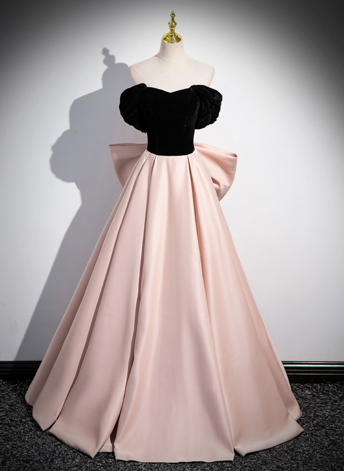pink bow prom dress Lovely Pink and Black Off Shoulder Long Prom Dress with Bow, Pink Long – Cutedressy