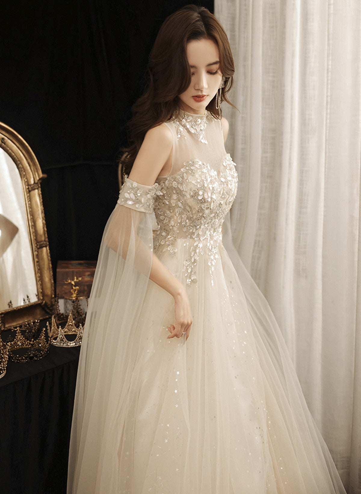 Ivory High Neckline Beaded Tulle A-line Long Party Dress, Ivory Tulle Cutedressy Ivory High Neckline Beaded Tulle A-line Long Party Dress, Ivory Tulle Cutedressy