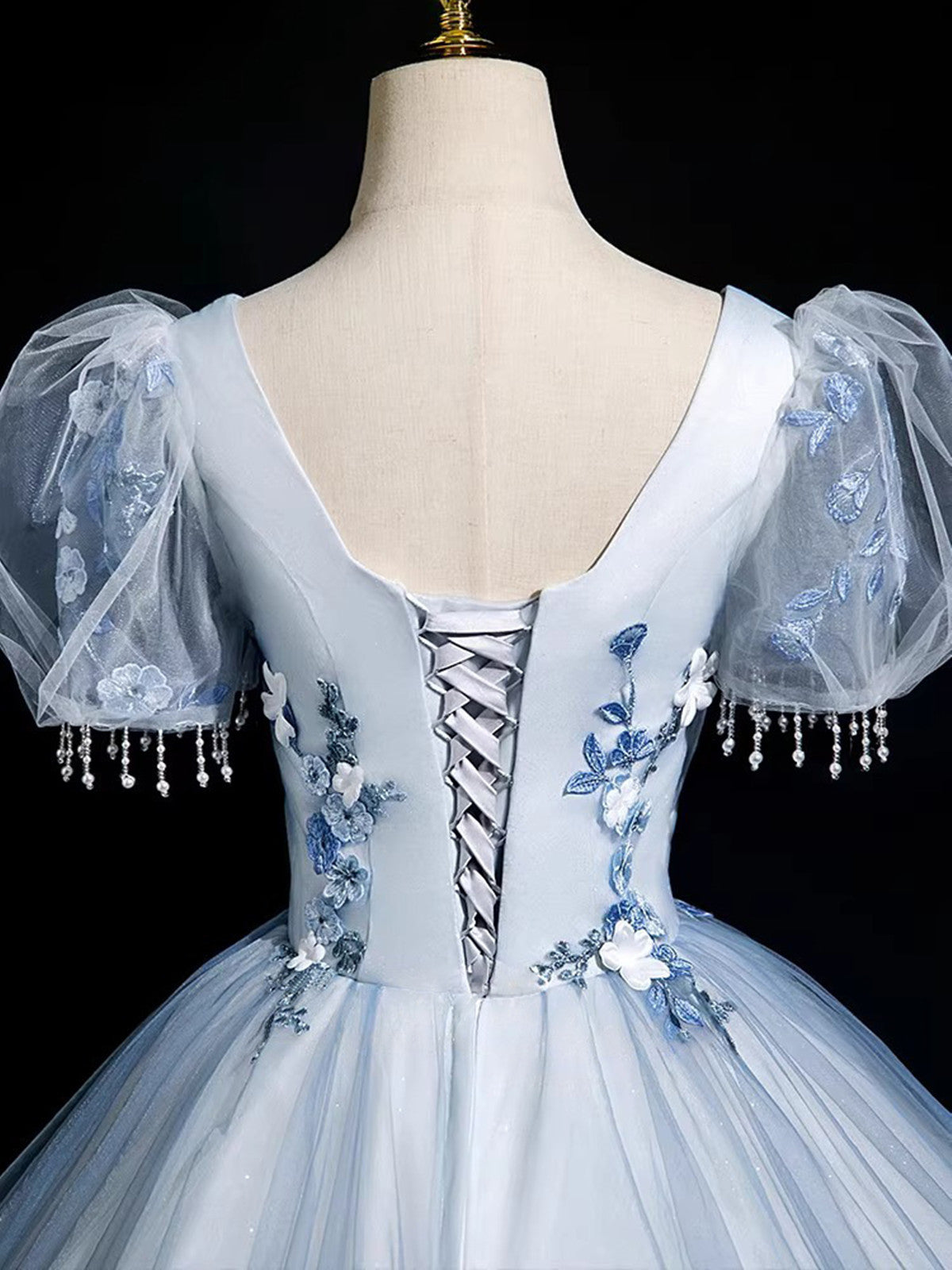 Cute Light Blue Tulle with Lace Short Sleeves Party Dress, Light Blue Tulle Prom Dress