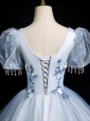 Cute Light Blue Tulle with Lace Short Sleeves Party Dress, Light Blue Tulle Prom Dress