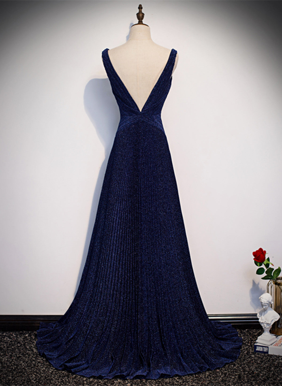 A-line Simple Navy Blue Long Evening Dress, Navy Blue V-neckline Prom Dress