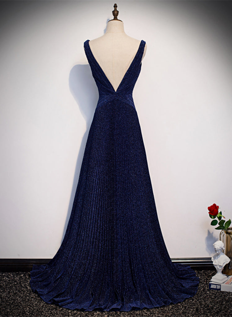 A-line Simple Navy Blue Long Evening Dress, Navy Blue V-neckline Prom