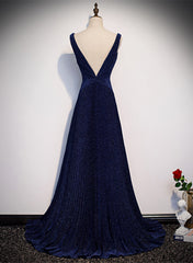 A-line Simple Navy Blue Long Evening Dress, Navy Blue V-neckline Prom Dress
