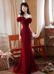 Wine Red Off Shoulder Beaded Mermaid Long Formal Dress, Wine Red Long Prom Dress