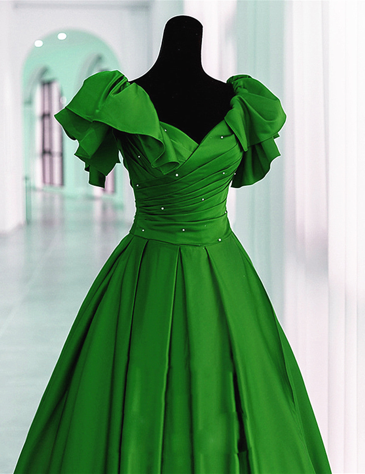 Green Satin Long Party Dress Short Sleeves, Green Satin Evening Dress Cutedressy Green Satin Long Party Dress Short Sleeves, Green Satin Evening Dress Cutedressy