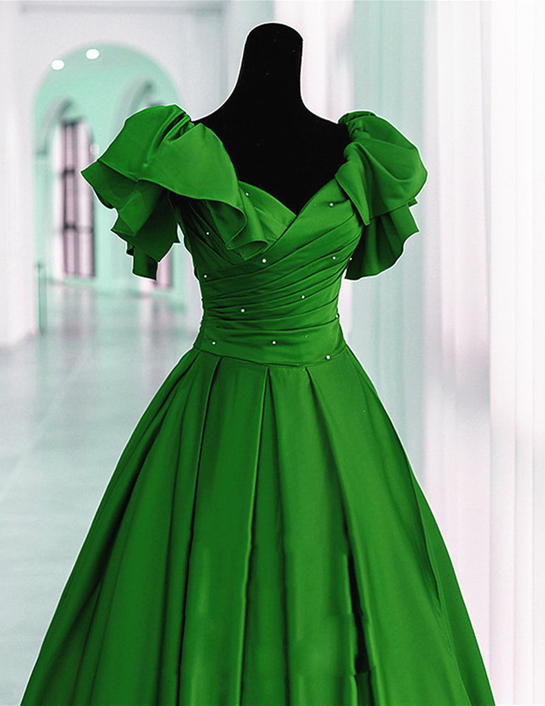 Green Satin Long Party Dress Short Sleeves, Green Satin Evening Dress