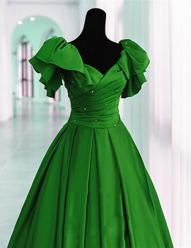 Green Satin Long Party Dress Short Sleeves, Green Satin Evening Dress Formal Dress