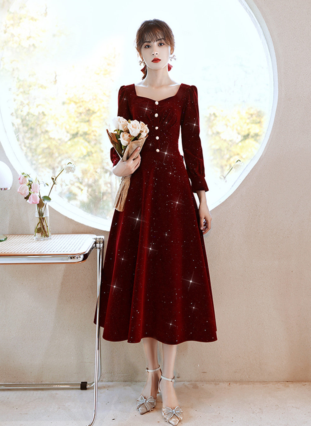 Wine Red Velvet Elegant Tea Length Bridesmaid Dress, Wine Red Homecomi – Cutedressy