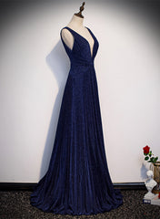 A-line Simple Navy Blue Long Evening Dress, Navy Blue V-neckline Prom Dress