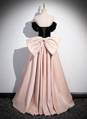 Lovely Pink and Black Off Shoulder Long Prom Dress with Bow, Pink Long Evening Dress