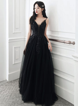 A-line Black Tulle V-neckline Straps Long Party Dress, Black Tulle Prom Dress