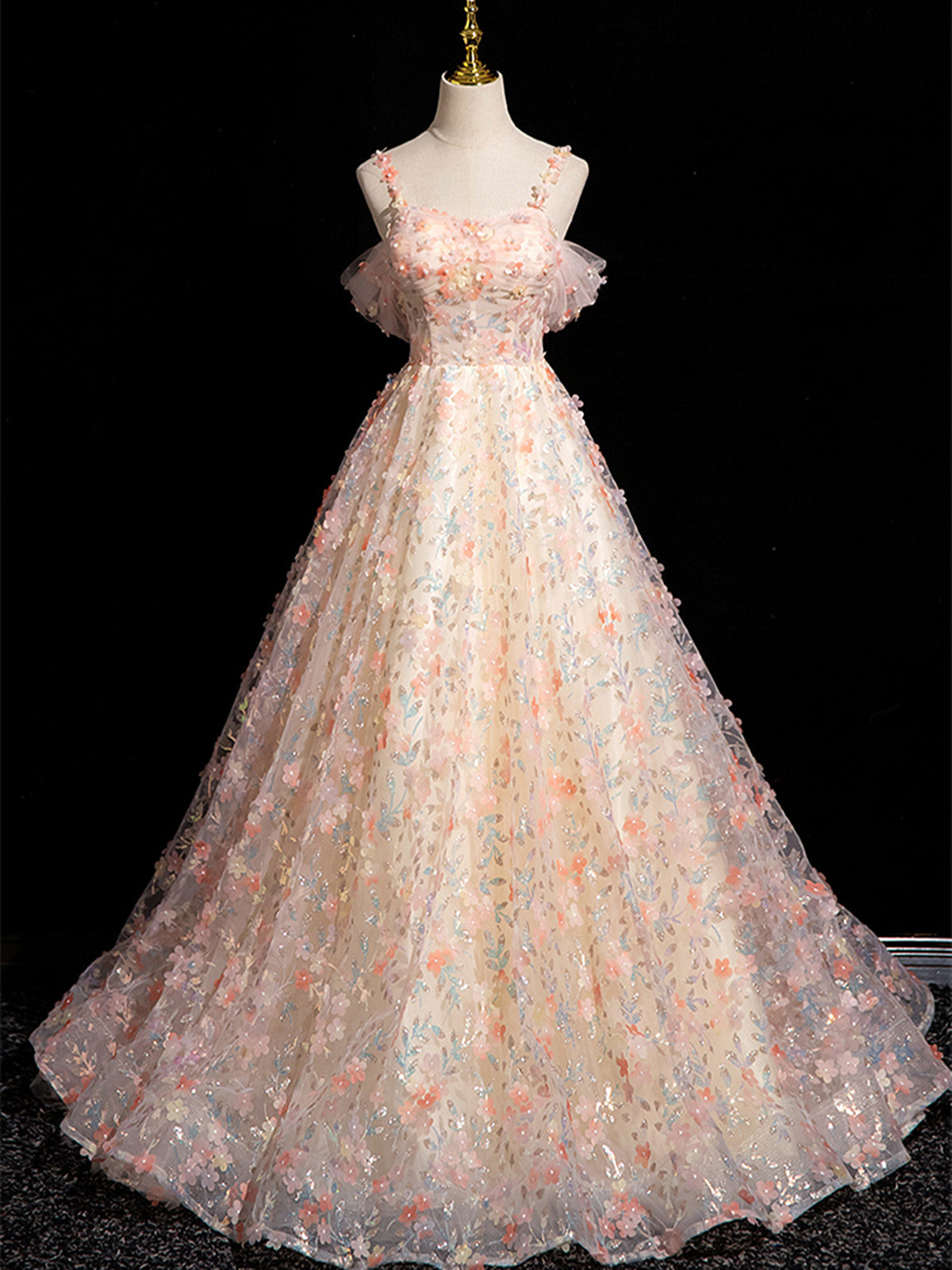 Lovely Lace Straps Pink Flowers Sweetheart Party Dress, Pink Off Shoulder Prom Dress