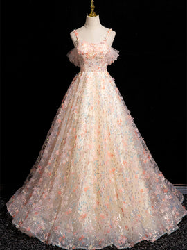 Lovely Lace Straps Pink Flowers Sweetheart Party Dress, Pink Off Shoulder Prom Dress