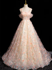 Lovely Lace Straps Pink Flowers Sweetheart Party Dress, Pink Off Shoulder Prom Dress