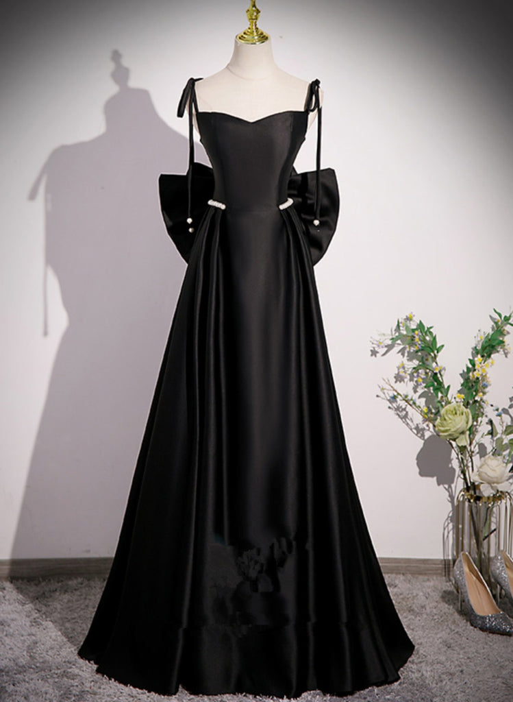 Black Satin A-line Floor Length Prom Dress, Black Satin Long Evening D