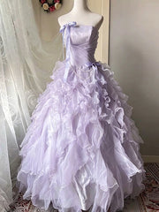 Lavender Fairy Corset Ball Gown Formal Dress, Strapless Ruffled Tiered Long Prom Dress