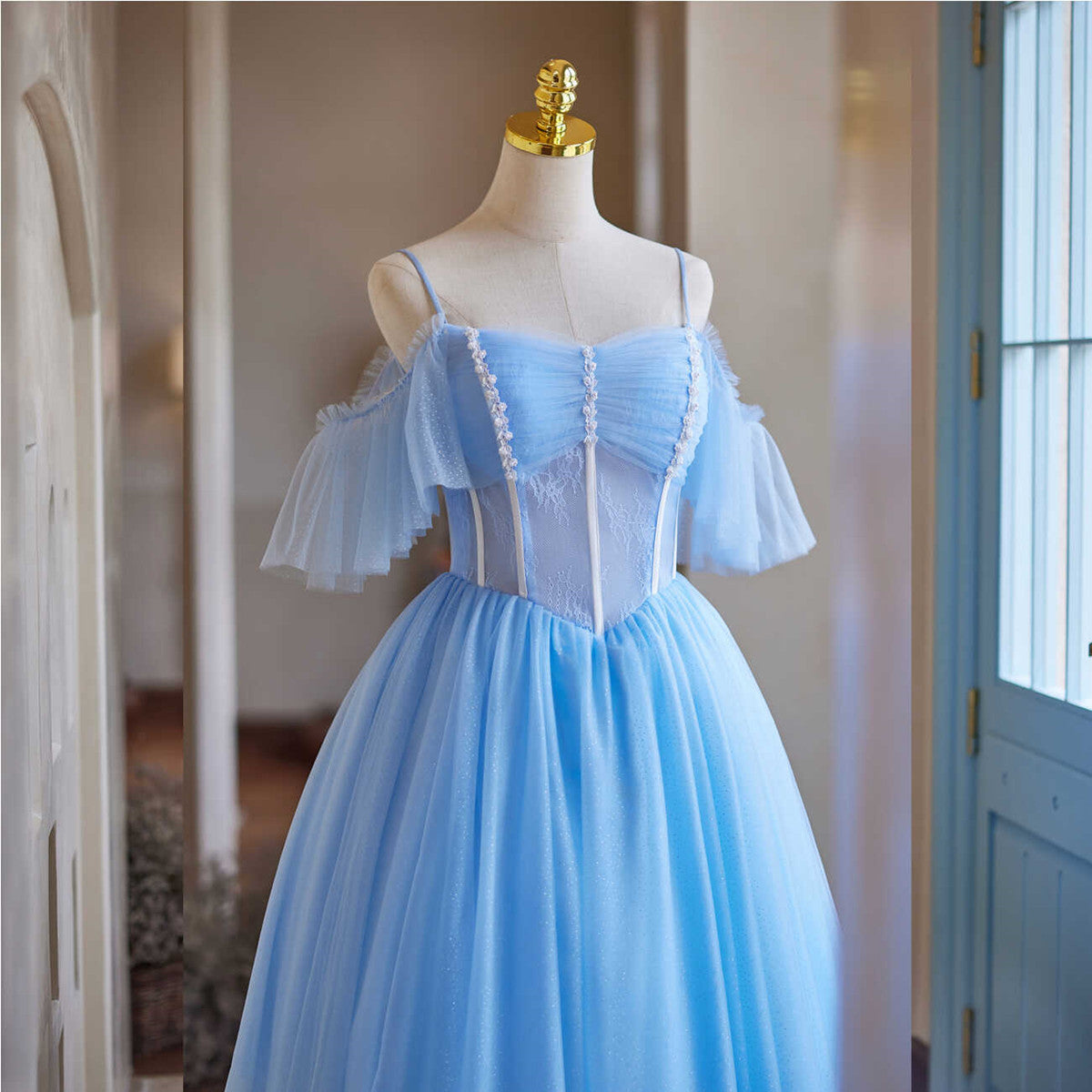Light Blue Beaded Knee Length Tulle Party Dress, Light Blue Homecoming Cutedressy Light Blue Beaded Knee Length Tulle Party Dress, Light Blue Homecoming Cutedressy