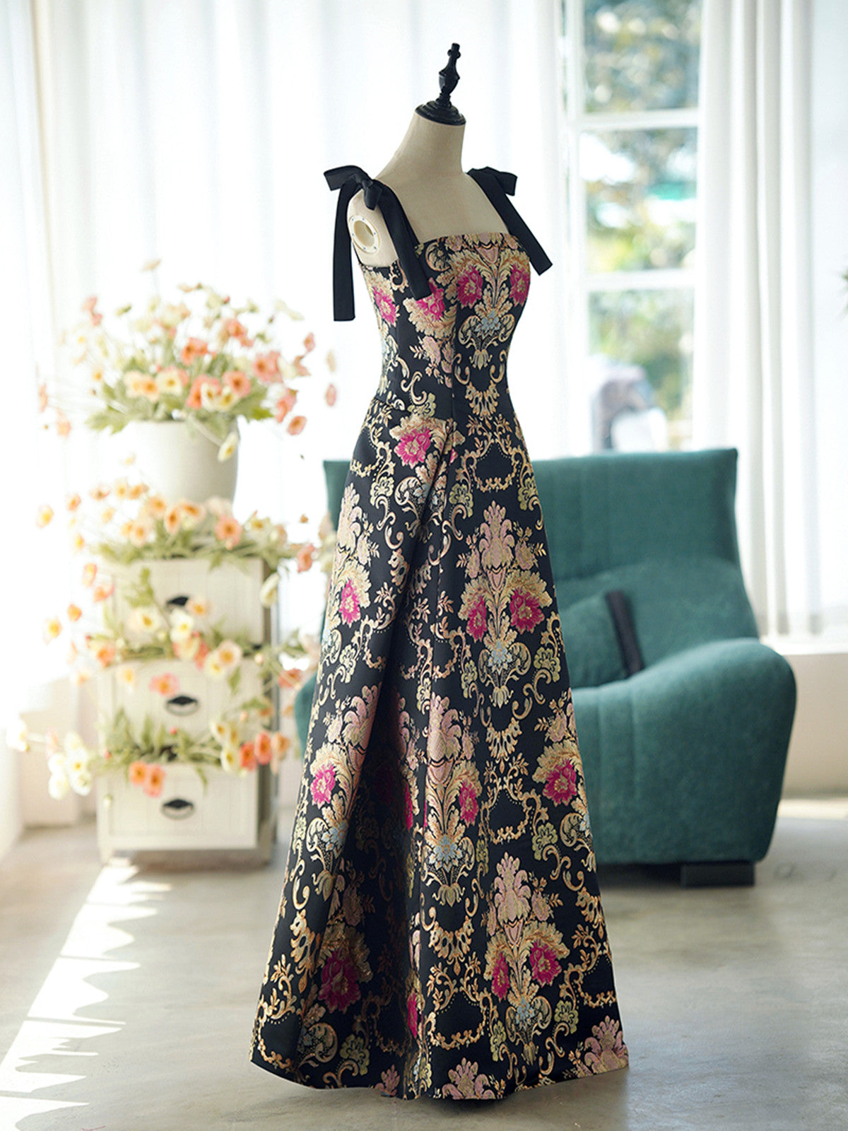 Black A-line Satin Straps Long Party Dress, Black Floral Satin Prom Dress