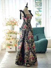 Black A-line Satin Straps Long Party Dress, Black Floral Satin Prom Dress
