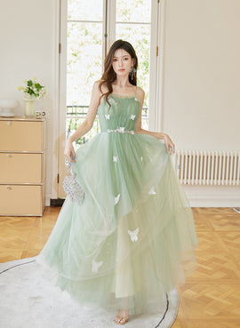 Light Green Tulle Straps Long Party Dress, A-line Light Green Prom Dress