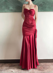 Burgundy Satin Sweetheart Straps Prom Dress, Burgundy Long Evening Dress