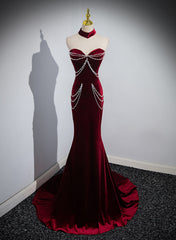 Wine Red Mermaid Velvet Off Shoulder Party Dress, Wine Red Long Evening Dress Prom Dress