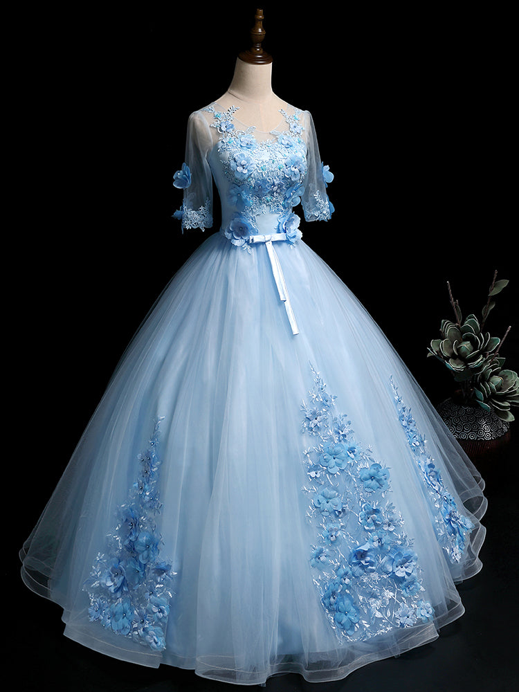 Light Blue Ball Gown with Sleeves Party Dress, Blue Sweet 16 Dress Cutedressy Light Blue Ball Gown with Sleeves Party Dress, Blue Sweet 16 Dress Cutedressy
